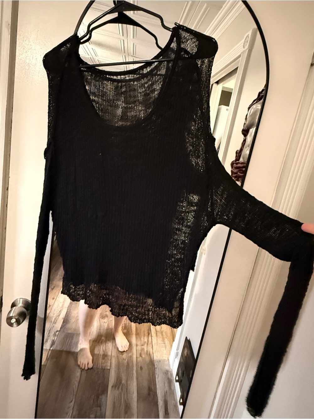 NATURAL LIFE Black Sheer Long Sleeve Scoop Neck Top with Distressed Hem